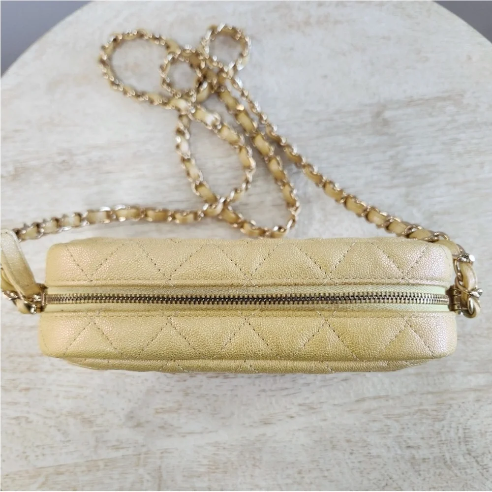Rare 2019 Chanel Caviar Iridescent Yellow Camera Bag with Gold Hardware